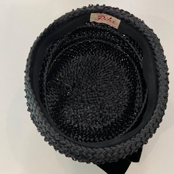 Vintage Piko Montreal New York Black Woven Straw Hat With Velvet Bow Accent Wome - Picture 13 of 14